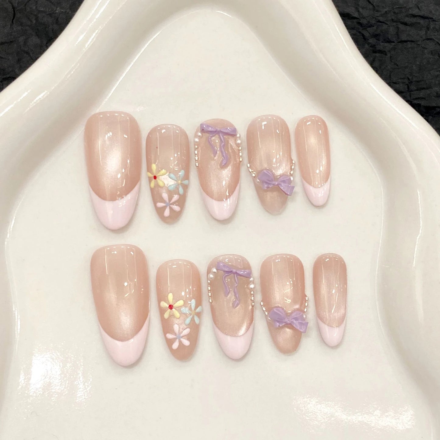 French Cat Eye Press-On Nails — Pink Bow Korean Style Almond Tips