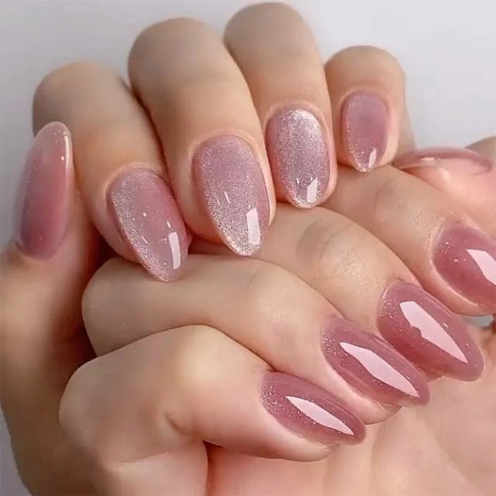 Metallic Cat Eye French Press-On Nails — Nude Pink Almond 3D Acrylic