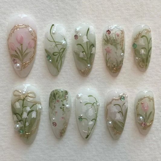 Orchid Flower Press-On Nails — Light Green Almond with Pearl & Gold Bows
