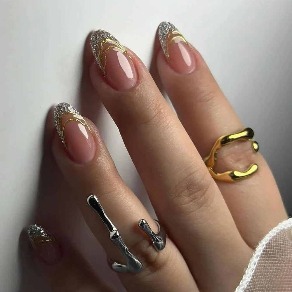 Metallic Cat Eye French Press-On Nails — Nude Pink Almond 3D Acrylic