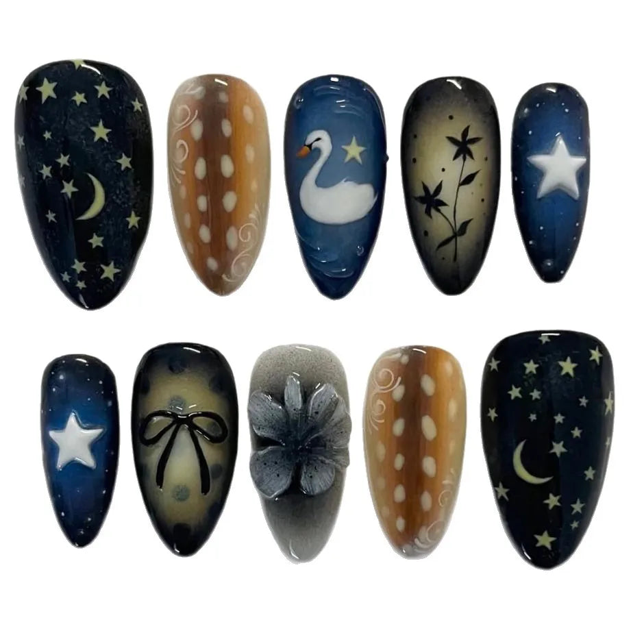 Gradient Black Press-On Nails — Y2K Star Moon Swan & Bowknot Design