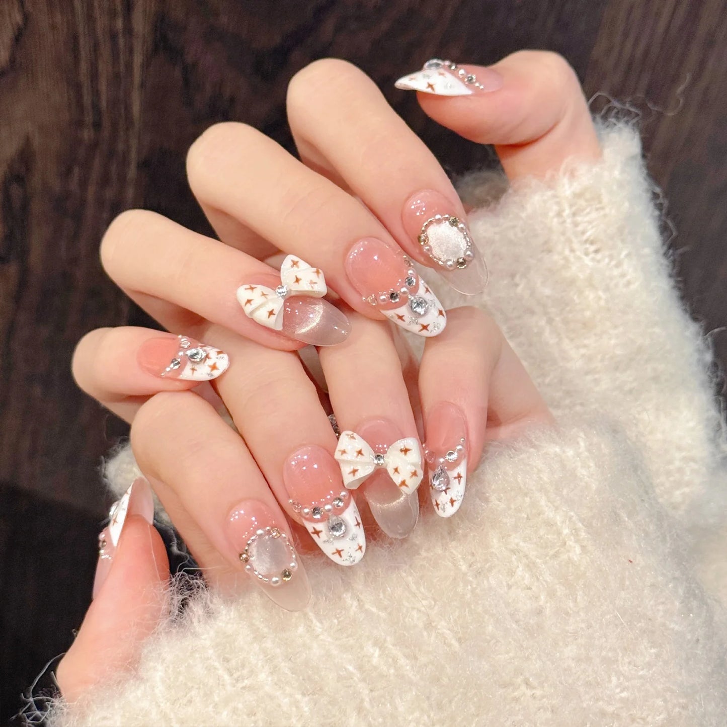French Cat Eye Press-On Nails — Pink Bow Korean Style Almond Tips