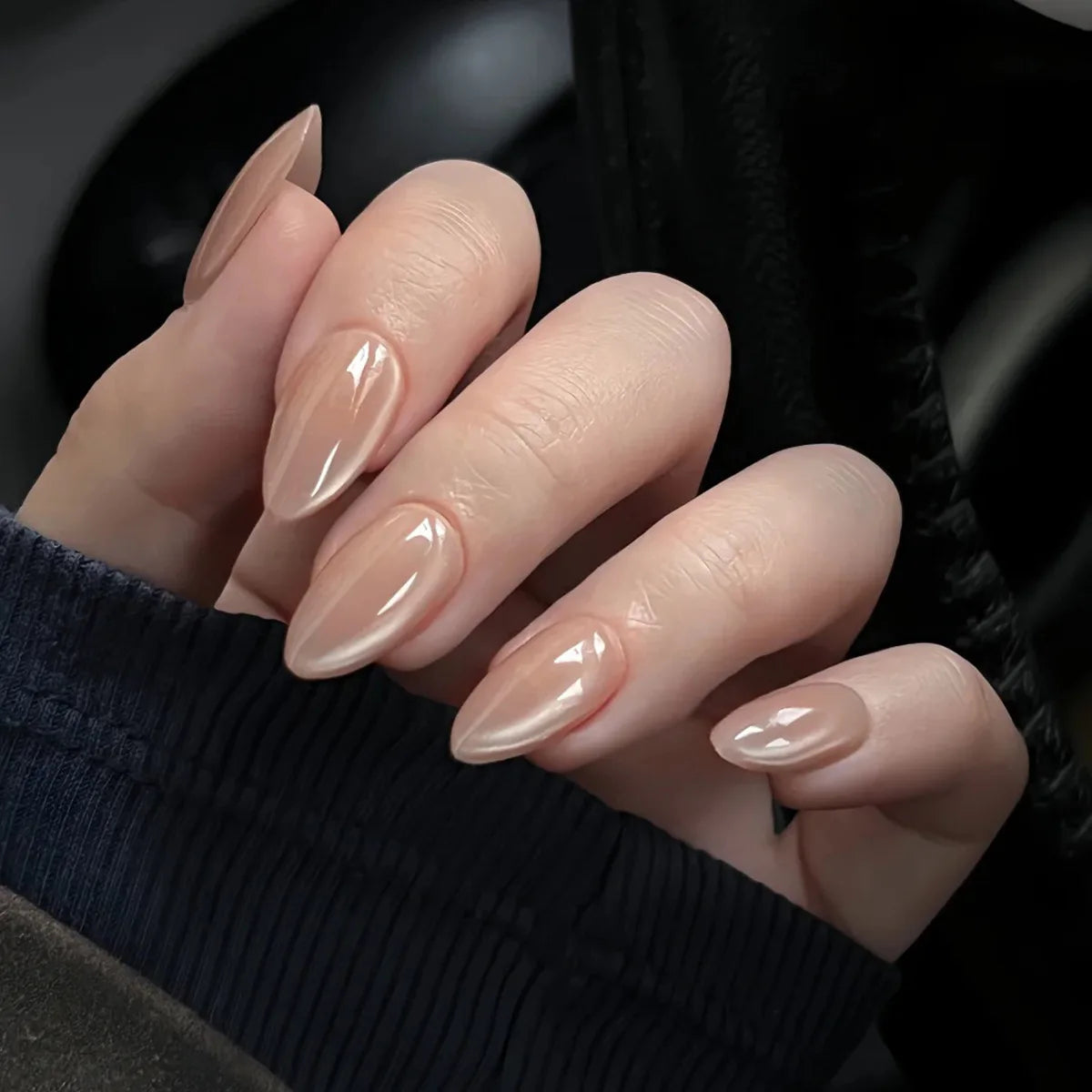 Metallic Cat Eye French Press-On Nails — Nude Pink Almond 3D Acrylic