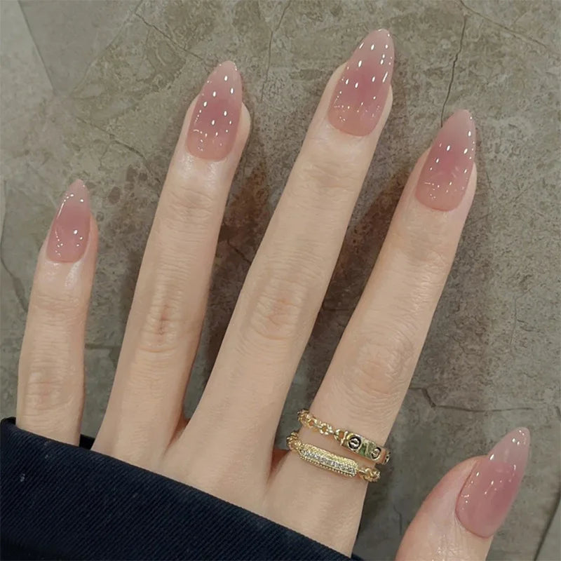 Metallic Cat Eye French Press-On Nails — Nude Pink Almond 3D Acrylic