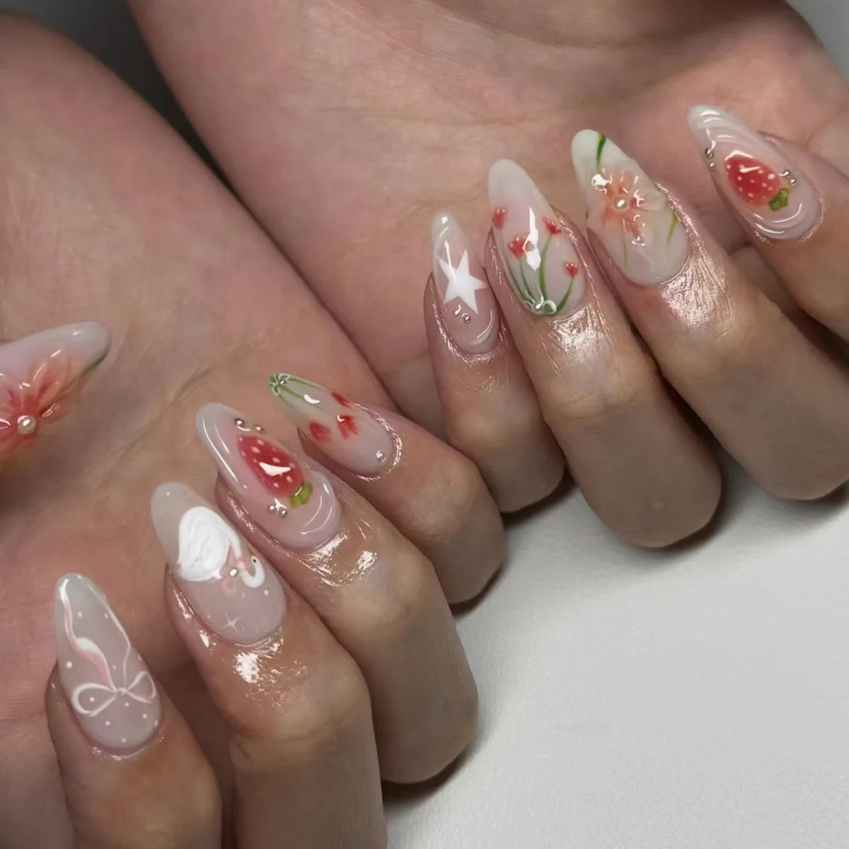 Gradient Black Press-On Nails — Y2K Star Moon Swan & Bowknot Design