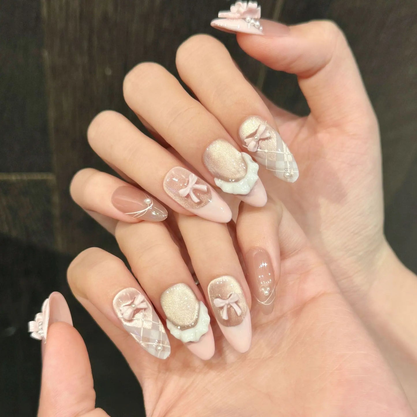 French Cat Eye Press-On Nails — Pink Bow Korean Style Almond Tips