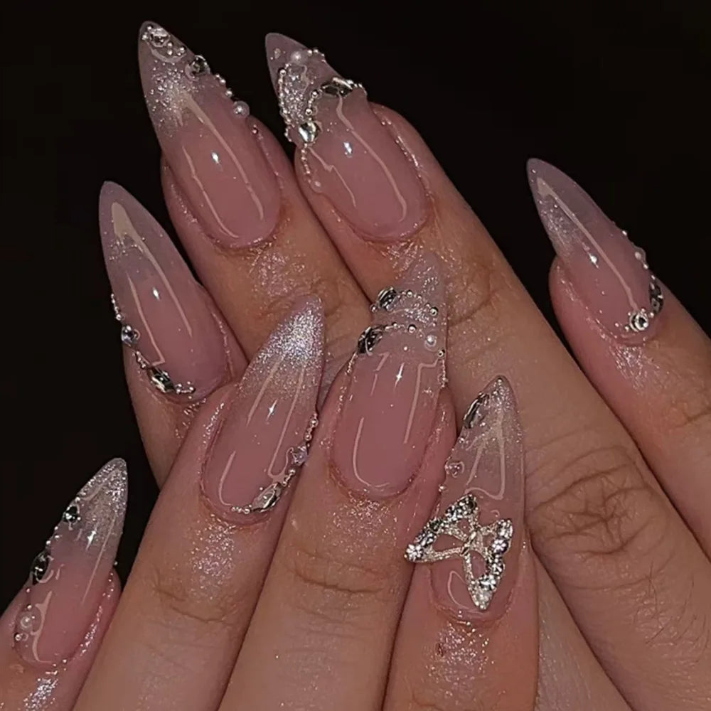 Metallic Cat Eye French Press-On Nails — Nude Pink Almond 3D Acrylic