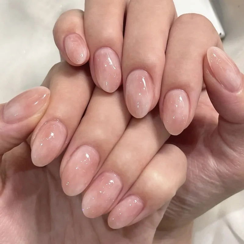 Metallic Cat Eye French Press-On Nails — Nude Pink Almond 3D Acrylic