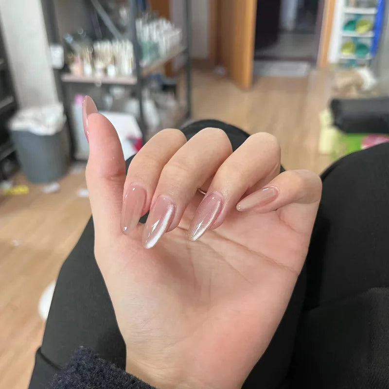 Metallic Cat Eye French Press-On Nails — Nude Pink Almond 3D Acrylic