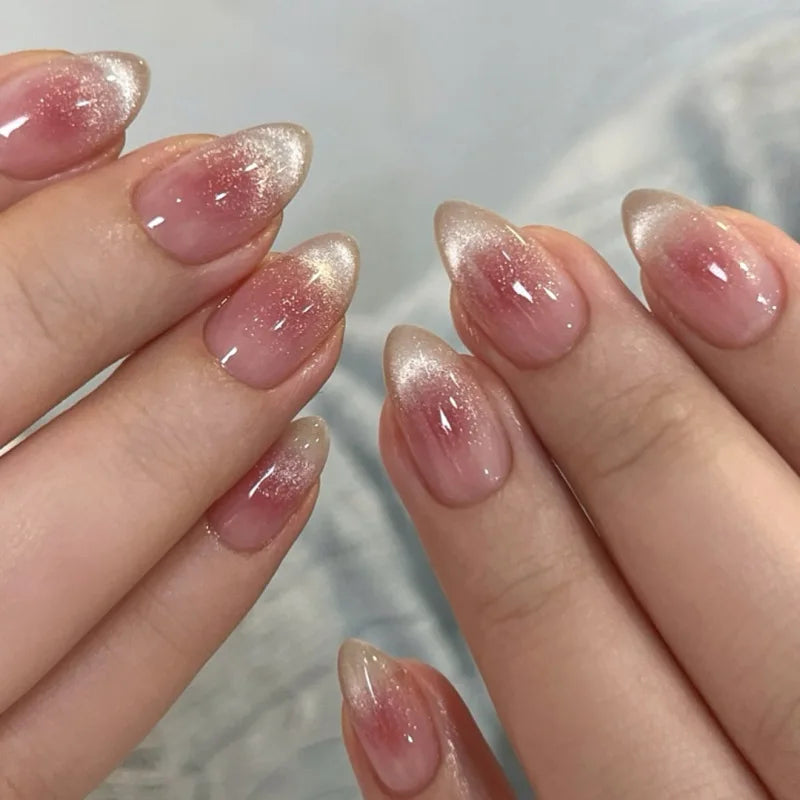 Metallic Cat Eye French Press-On Nails — Nude Pink Almond 3D Acrylic