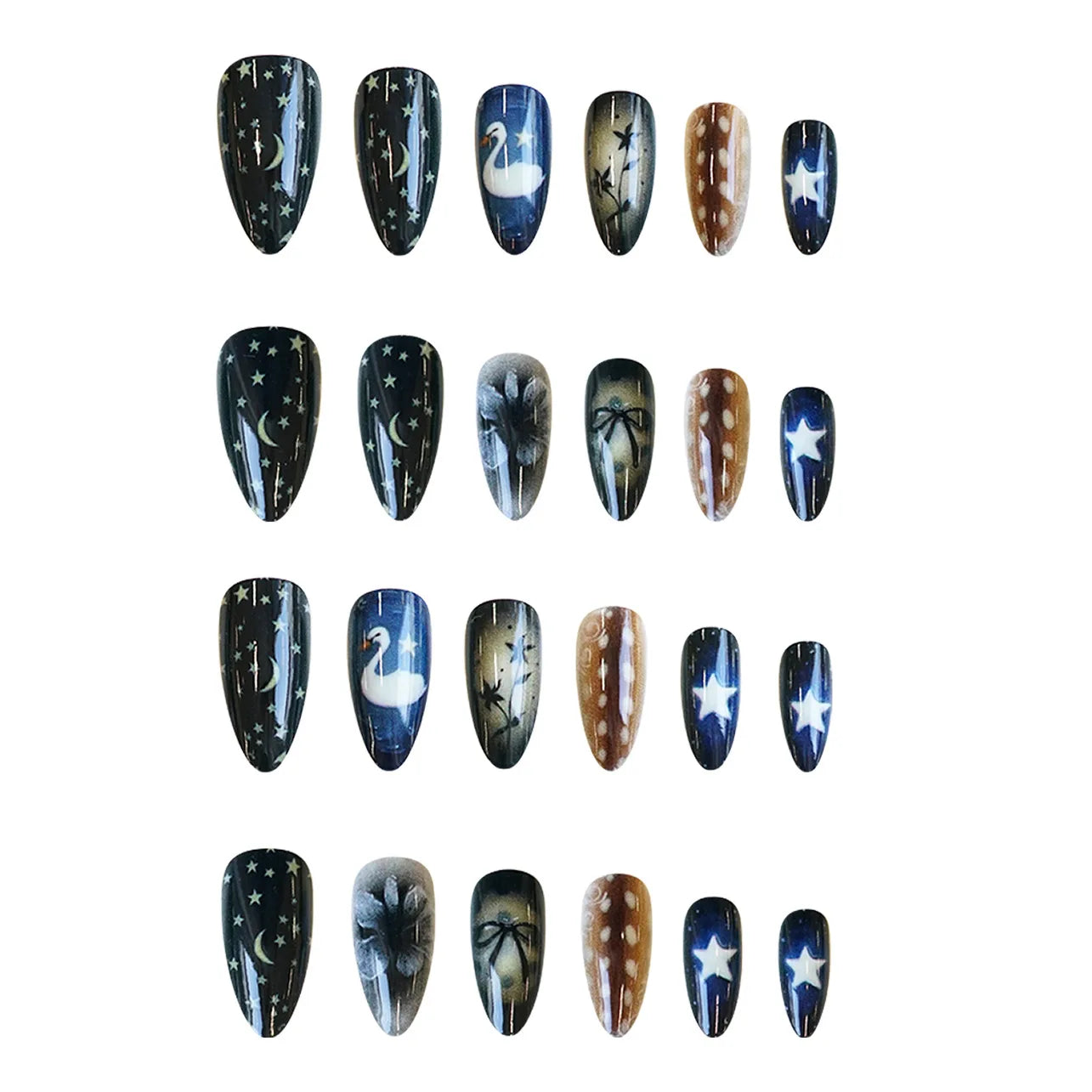 Gradient Black Press-On Nails — Y2K Star Moon Swan & Bowknot Design