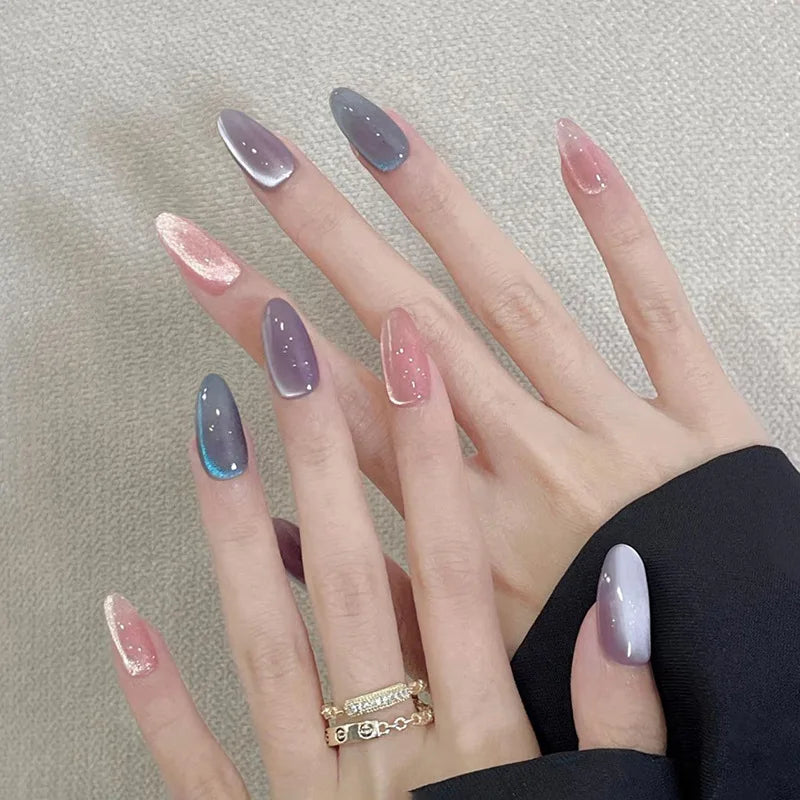 Metallic Cat Eye French Press-On Nails — Nude Pink Almond 3D Acrylic