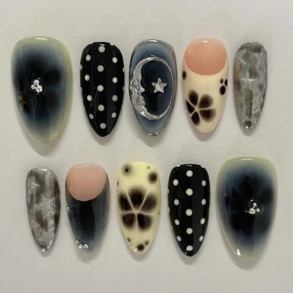 Gradient Black Press-On Nails — Y2K Star Moon Swan & Bowknot Design