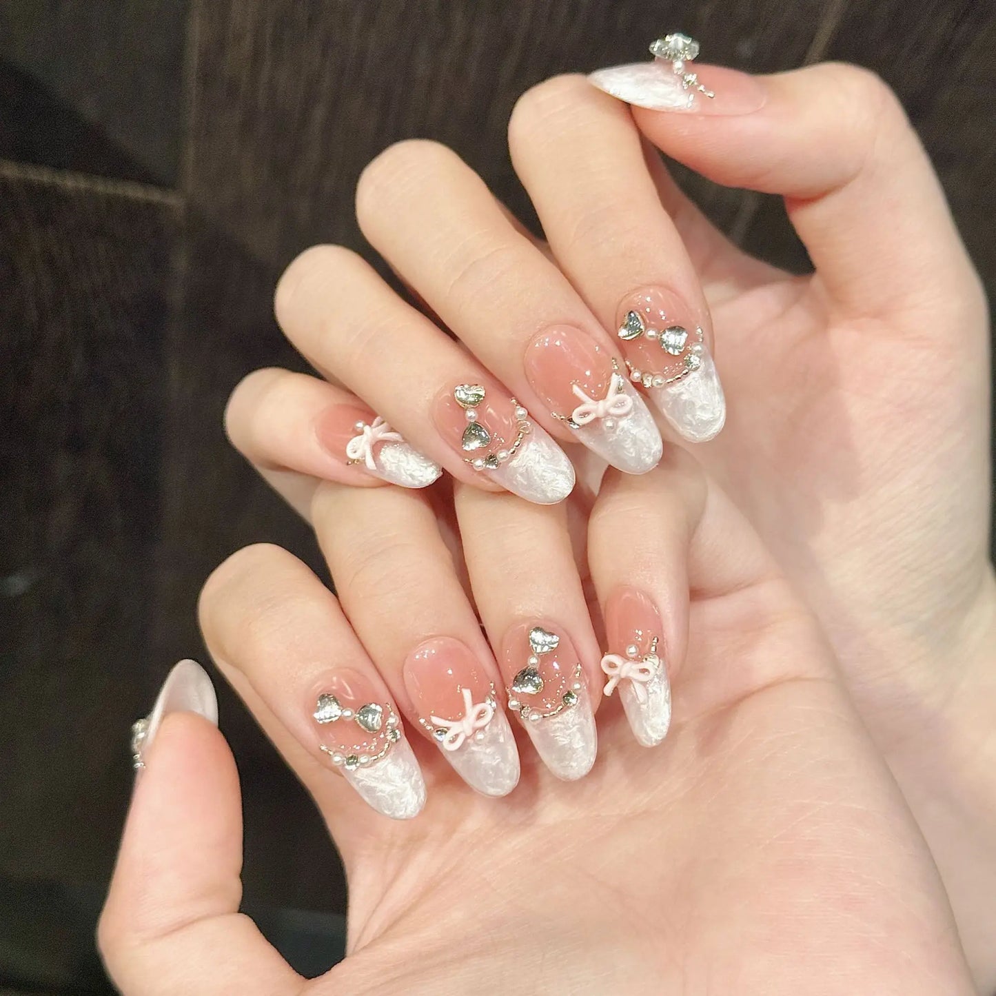 French Cat Eye Press-On Nails — Pink Bow Korean Style Almond Tips
