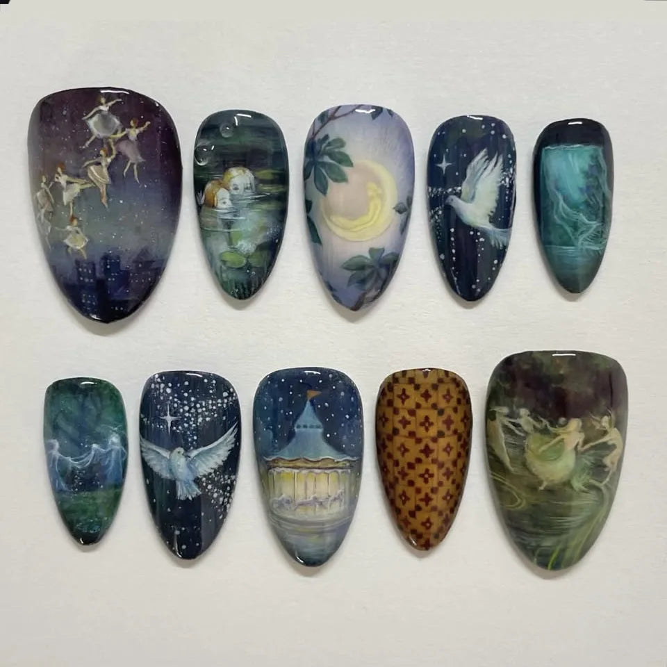 Gradient Black Press-On Nails — Y2K Star Moon Swan & Bowknot Design