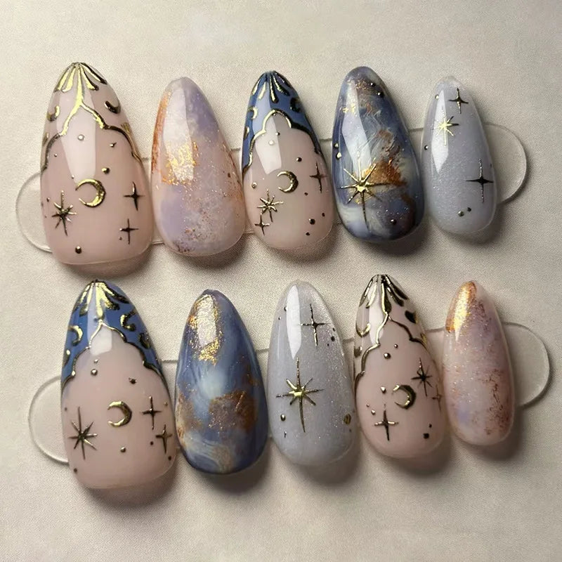 Gradient Black Press-On Nails — Y2K Star Moon Swan & Bowknot Design
