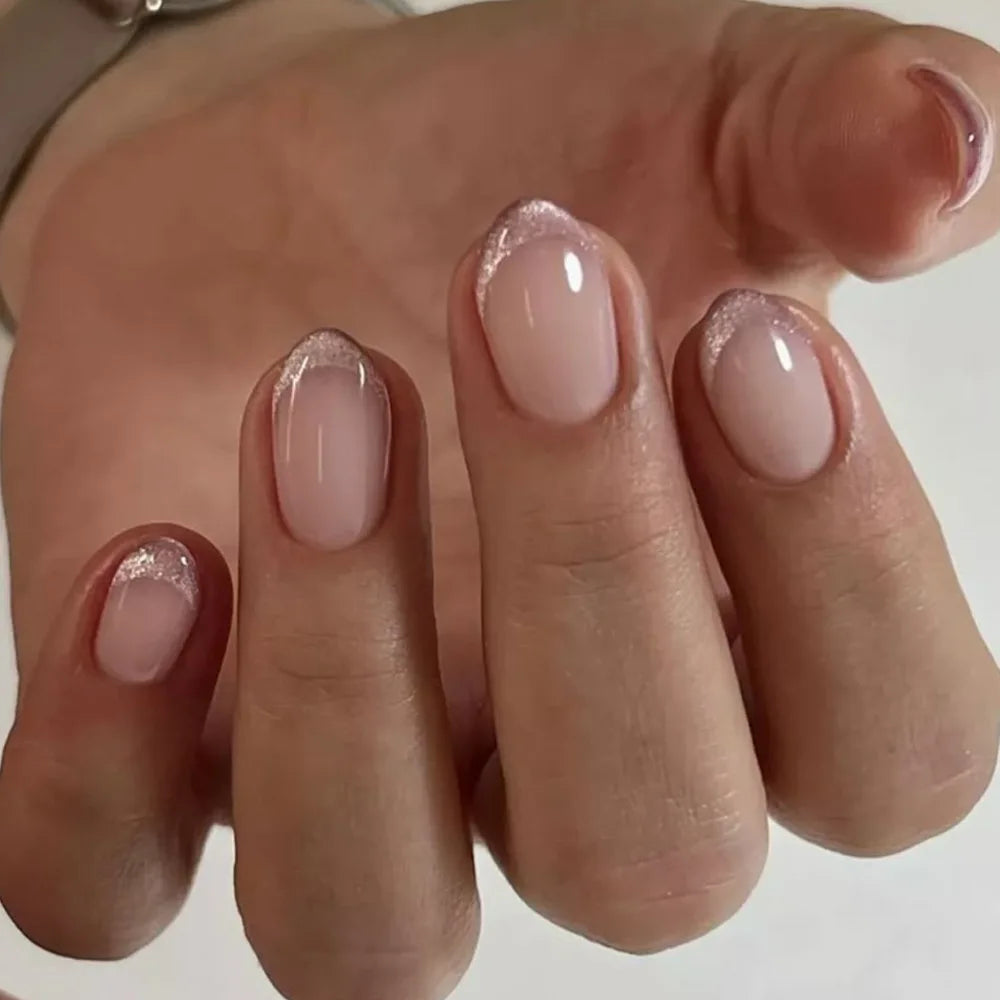 Metallic Cat Eye French Press-On Nails — Nude Pink Almond 3D Acrylic