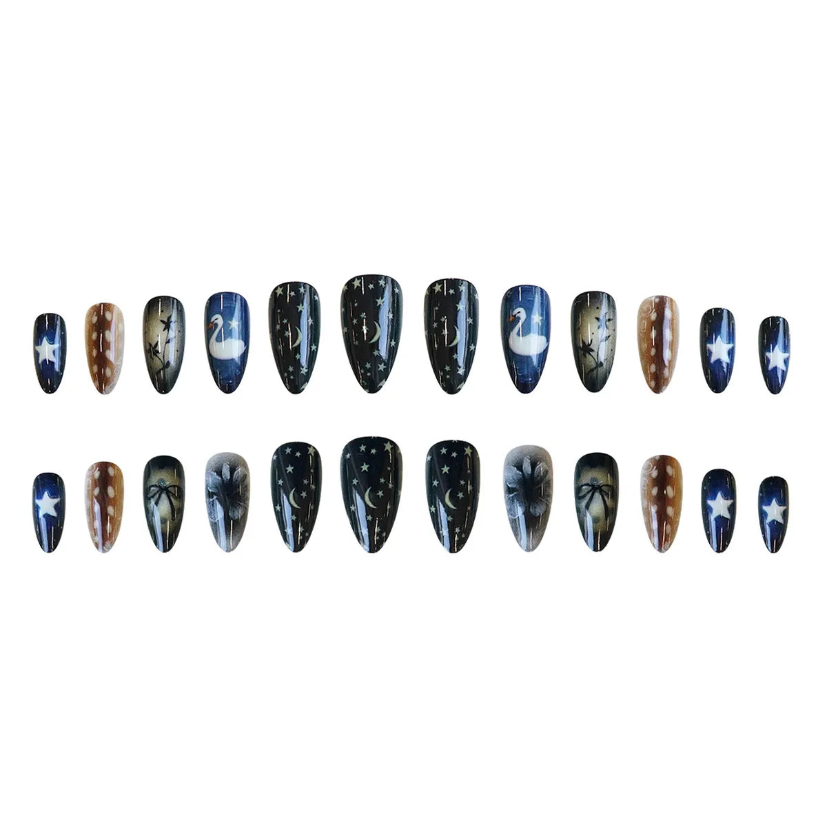 Gradient Black Press-On Nails — Y2K Star Moon Swan & Bowknot Design