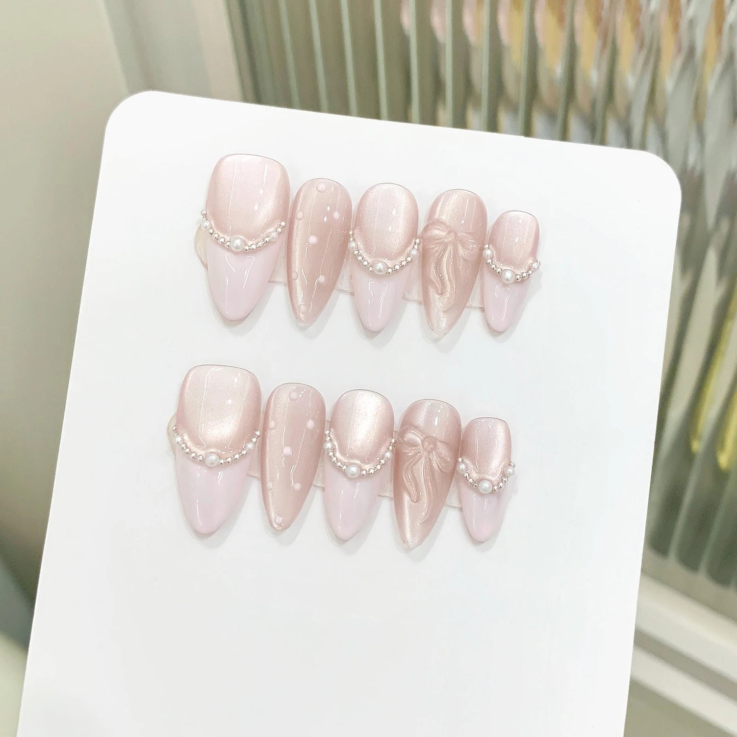 French Cat Eye Press-On Nails — Pink Bow Korean Style Almond Tips