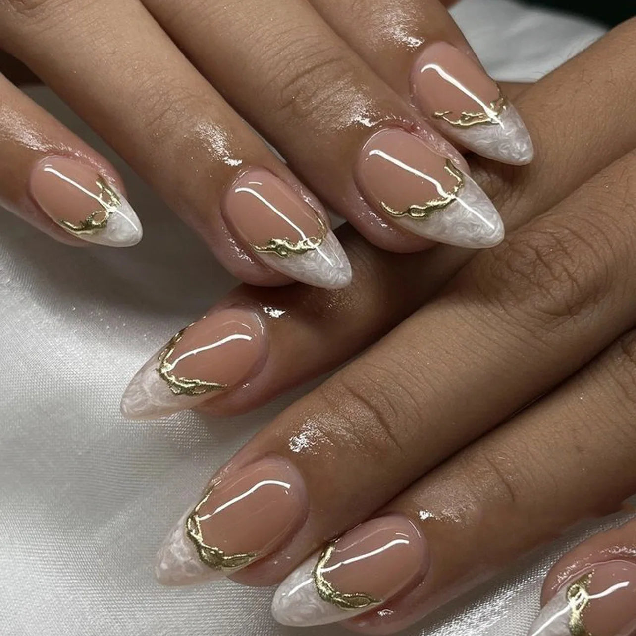 Metallic Cat Eye French Press-On Nails — Nude Pink Almond 3D Acrylic