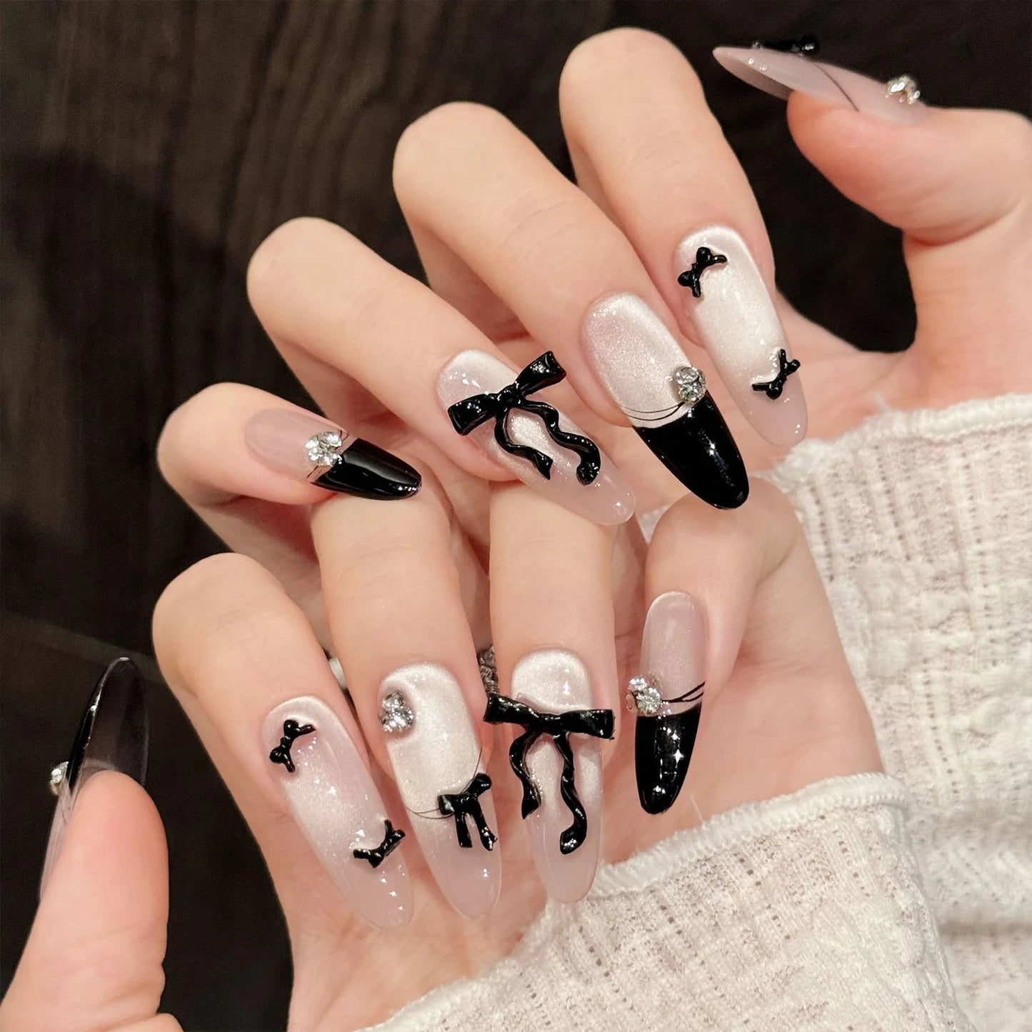 French Cat Eye Press-On Nails — Pink Bow Korean Style Almond Tips