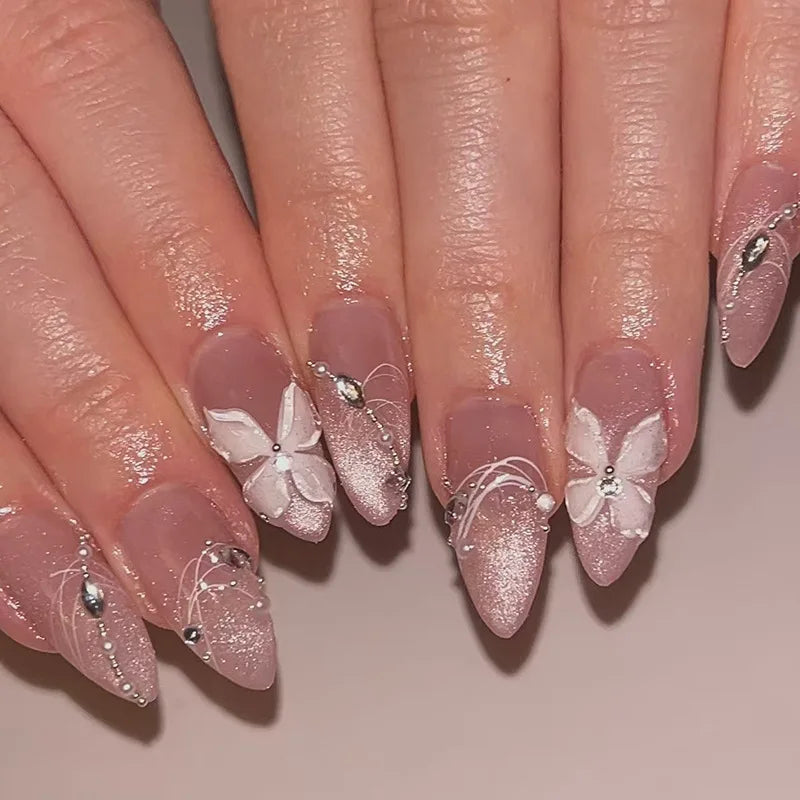 Metallic Cat Eye French Press-On Nails — Nude Pink Almond 3D Acrylic