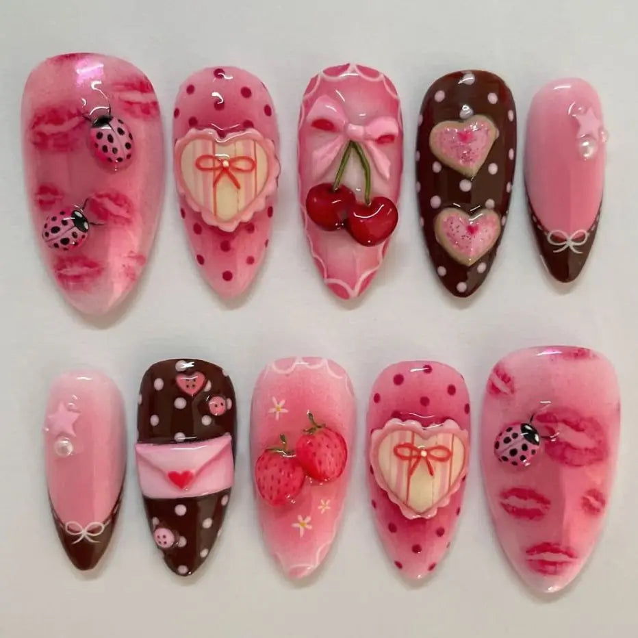 Gradient Black Press-On Nails — Y2K Star Moon Swan & Bowknot Design