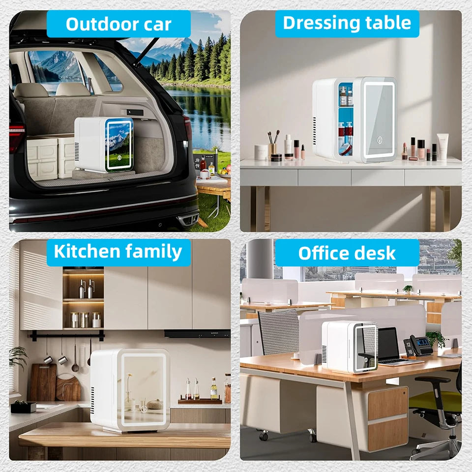 4L Portable Makeup Refrigerator – Mini Skincare Fridge with LED Mirror Light for Home & Car