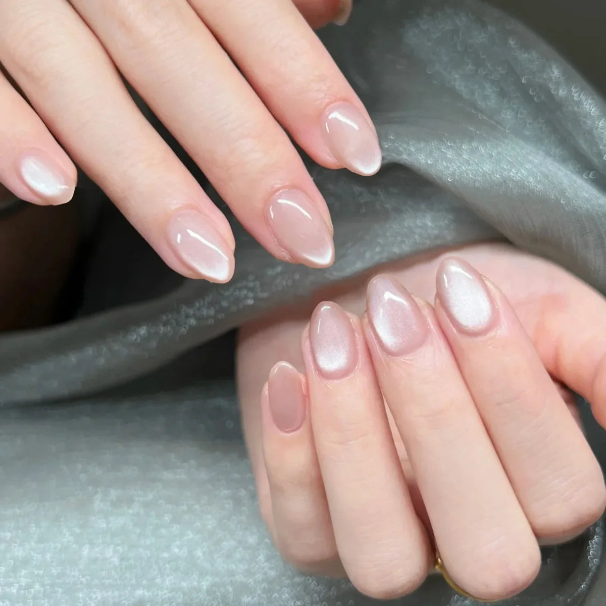 Metallic Cat Eye French Press-On Nails — Nude Pink Almond 3D Acrylic
