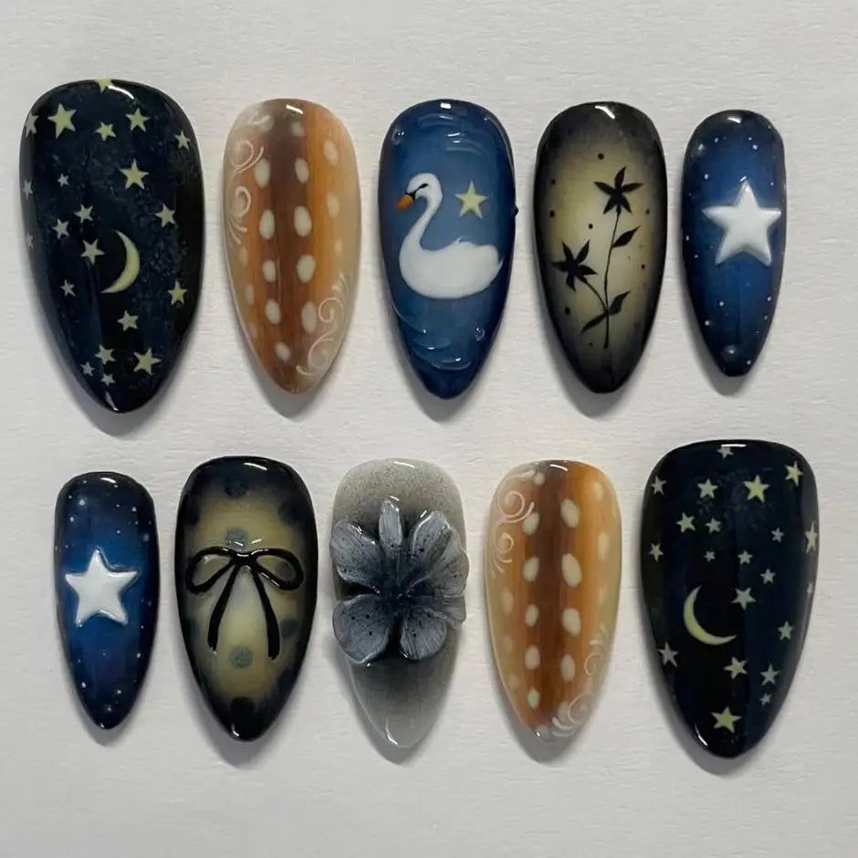 Gradient Black Press-On Nails — Y2K Star Moon Swan & Bowknot Design