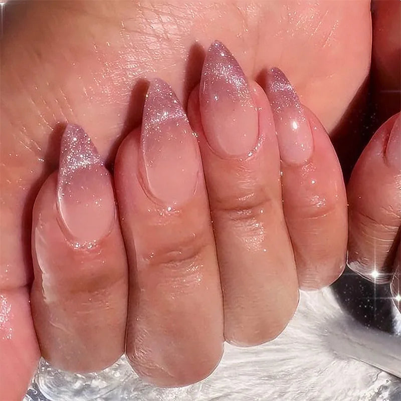 Metallic Cat Eye French Press-On Nails — Nude Pink Almond 3D Acrylic