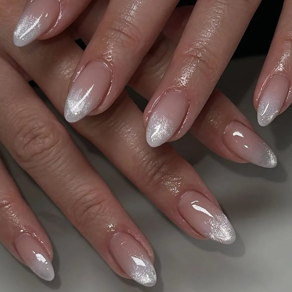 Metallic Cat Eye French Press-On Nails — Nude Pink Almond 3D Acrylic