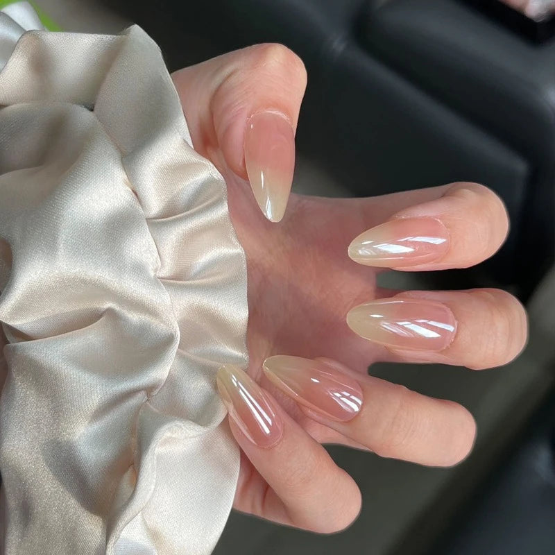 Metallic Cat Eye French Press-On Nails — Nude Pink Almond 3D Acrylic