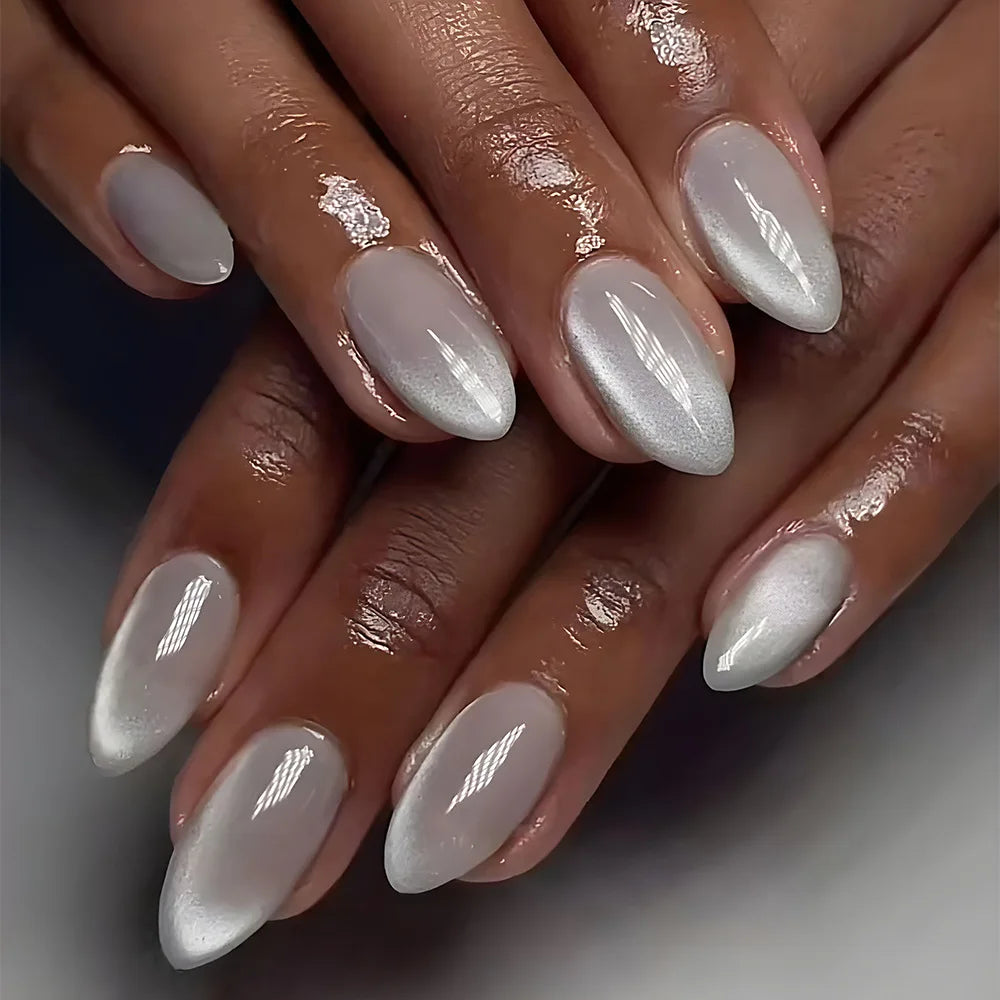 Metallic Cat Eye French Press-On Nails — Nude Pink Almond 3D Acrylic