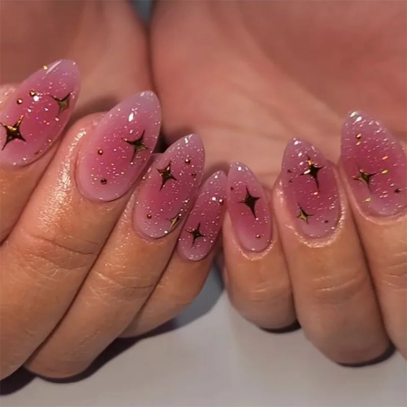 Metallic Cat Eye French Press-On Nails — Nude Pink Almond 3D Acrylic