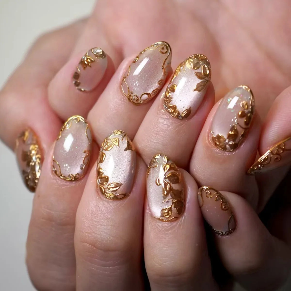 Metallic Cat Eye French Press-On Nails — Nude Pink Almond 3D Acrylic