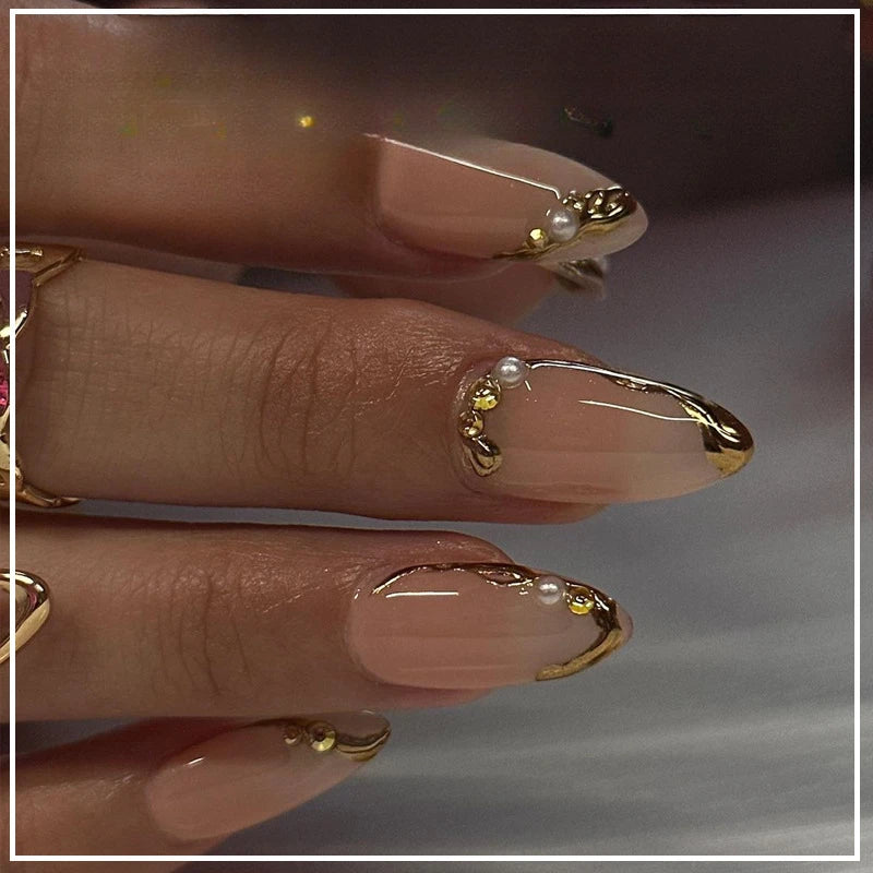 Metallic Cat Eye French Press-On Nails — Nude Pink Almond 3D Acrylic