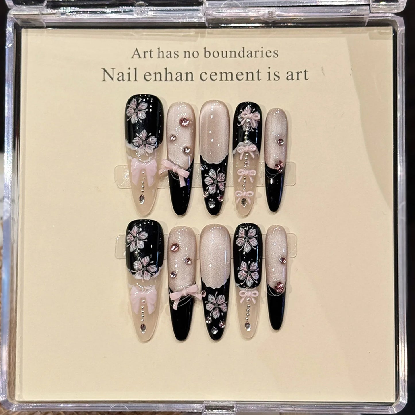 French Cat Eye Press-On Nails — Pink Bow Korean Style Almond Tips