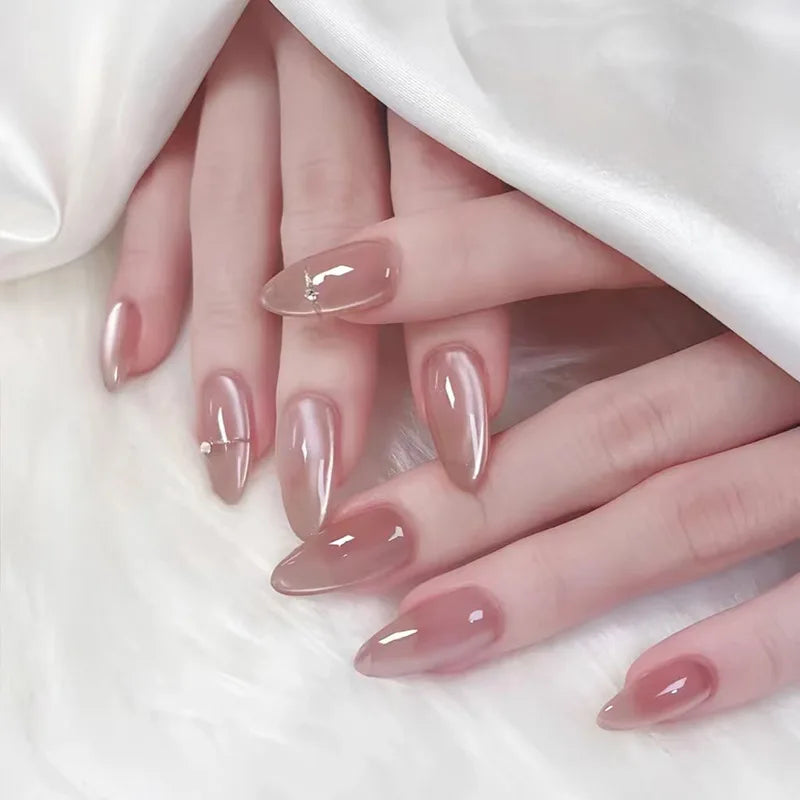 Metallic Cat Eye French Press-On Nails — Nude Pink Almond 3D Acrylic