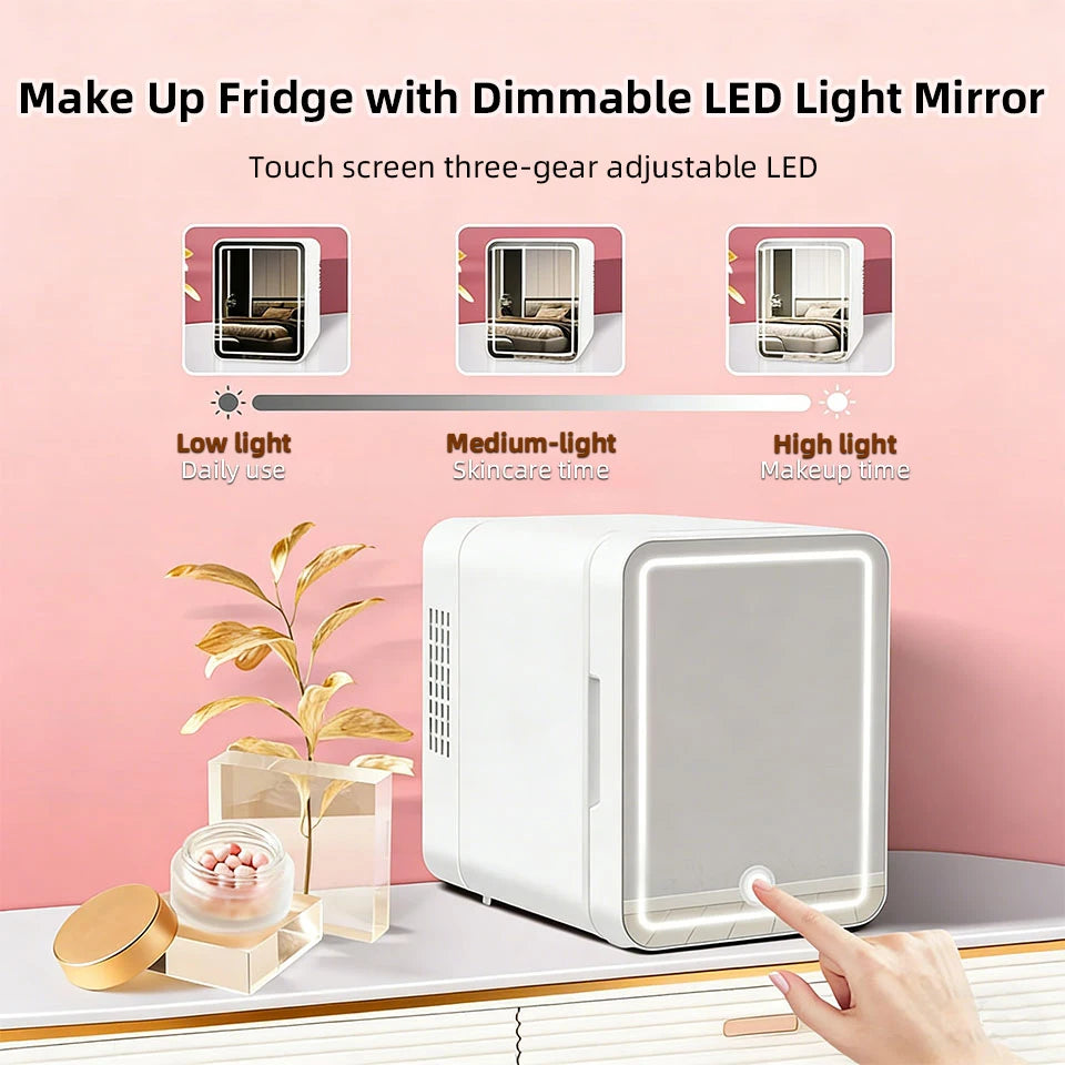 4L Portable Makeup Refrigerator – Mini Skincare Fridge with LED Mirror Light for Home & Car