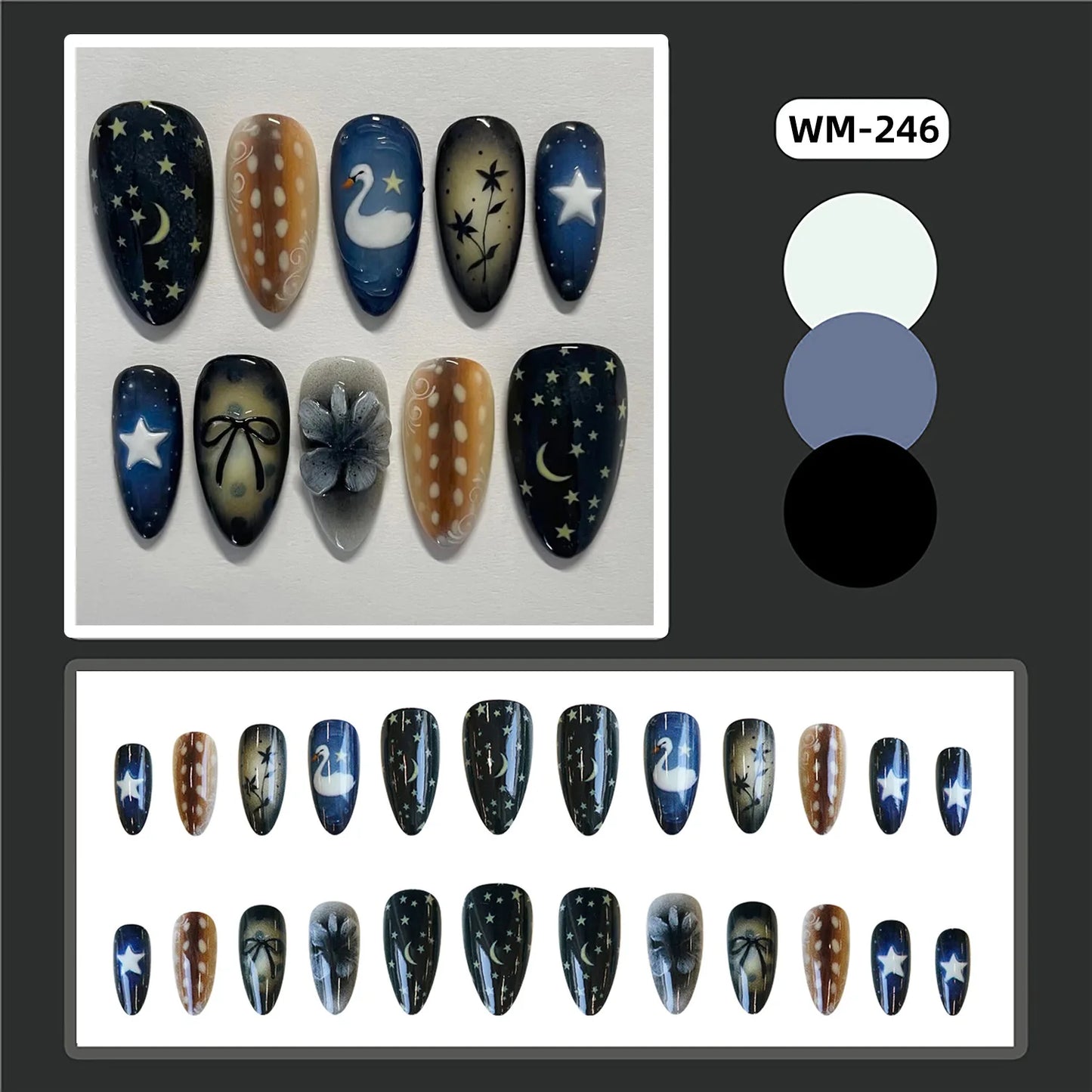 Gradient Black Press-On Nails — Y2K Star Moon Swan & Bowknot Design