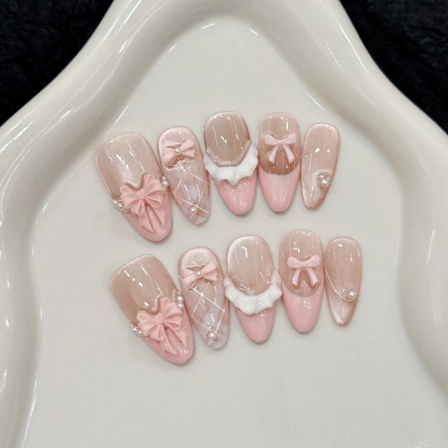 French Cat Eye Press-On Nails — Pink Bow Korean Style Almond Tips