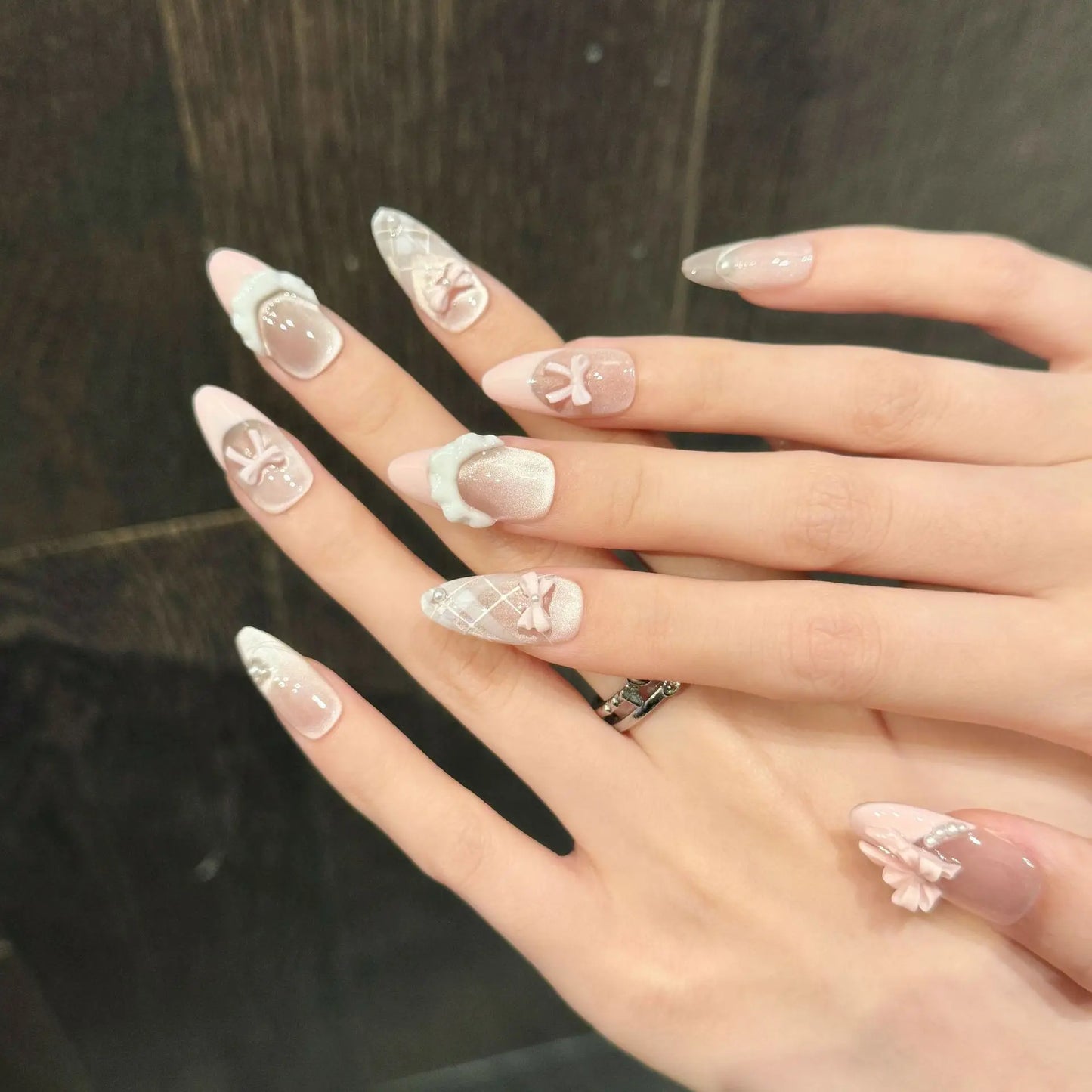 French Cat Eye Press-On Nails — Pink Bow Korean Style Almond Tips