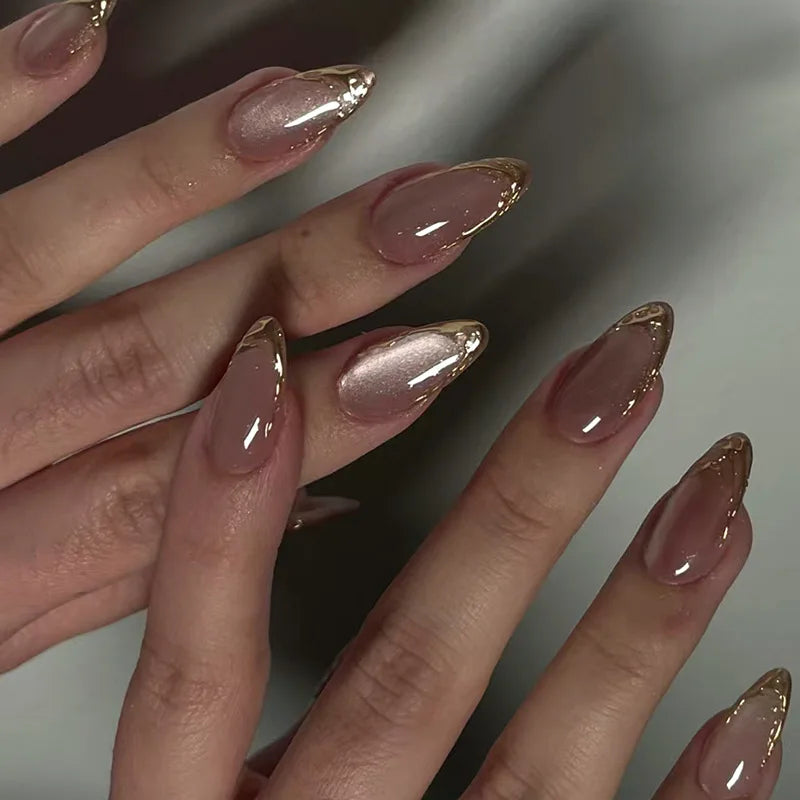 Metallic Cat Eye French Press-On Nails — Nude Pink Almond 3D Acrylic